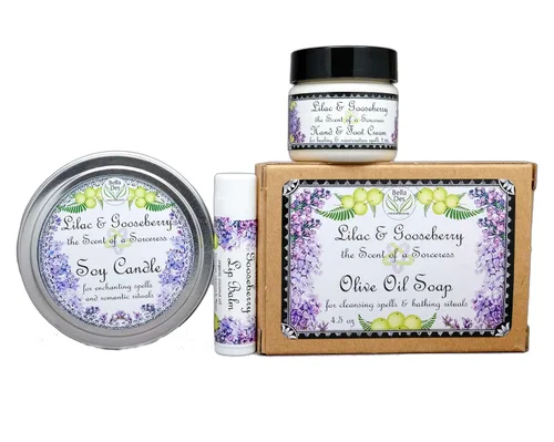 Vista 3 de Bolsa de regalo lila y grosella espinosa Lata de vela de soja, bálsamo labial, jabón y crema Yennefer Scent of a Sorceress by Bella Des Natural