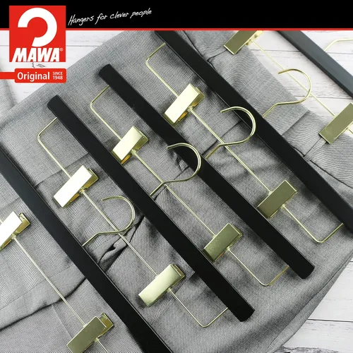 Vista 4 de MAWA by Reston Lloyd, Percha de madera europea, percha de madera de haya con clips ajustables para pantalones, gancho dorado giratorio, acabado