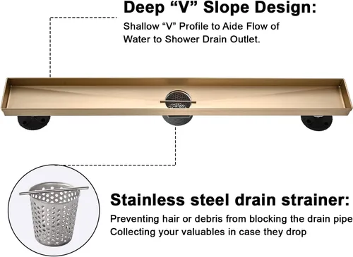 Vista 5 de AVSIILE Desagüe Lineal para Piso de Ducha, Oro Cepillado 12 Pulgadas Acero Inoxidable 304 Kit de Desagües de Baño, Desagüe de Zanja Rectangular