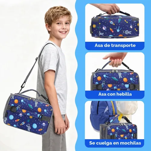 Vista 6 de Flowfly - Lonchera para niños, bolsa escolar aislada duradera con correa de hombro y soporte para botellas, minihielera térmica resistente al agua