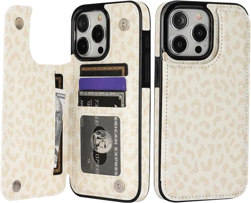 Vista 19 de HAOPINSH Funda tipo cartera para iPhone 15 Pro Max con tarjetero, diseño de leopardo negro y guepardo con tapa trasera, de piel sintética