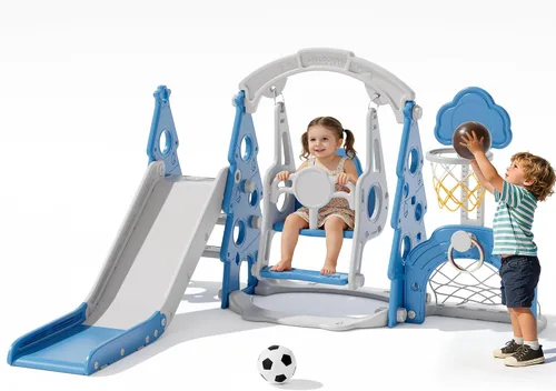 Vista 11 de XJD - Juego de tobogán y columpio 6 en 1 para niños pequeños, tobogán para niños de 1 año en adelante, juego de exterior para niños pequeños con aro