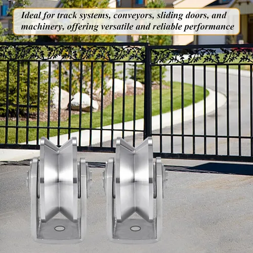 Vista 7 de 2 piezas de rueda de ranura en V de acero inoxidable resistente con polea de cable, bloque de polea para puerta corredera, rodillos con doble