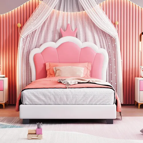 Vista 8 de Cama tapizada con diseño de arcoíris, cama de plataforma de princesa de terciopelo con cajón de almacenamiento, para niños, adolescentes, niños