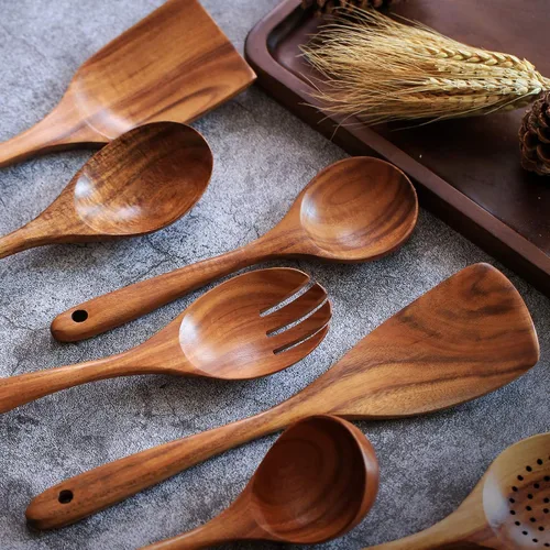 Vista 4 de Juego de herramientas de cocina antiadherente de madera, juego de 7 piezas, espátula de cocina de teca 100% natural, utensilios de cocina de madera