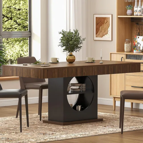Vista 3 de Mesa de comedor para 4-6 personas, mesa de comedor de 55 pulgadas con cajones y almacenamiento abierto, base de pedestal de madera, mesa rectangular