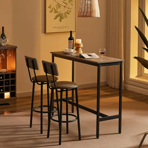 Vista 8 de Juego de mesa y silla de bar industrial para 2 mesas y taburetes de altura de mostrador con respaldo, mesa de comedor rectangular, juego de 3