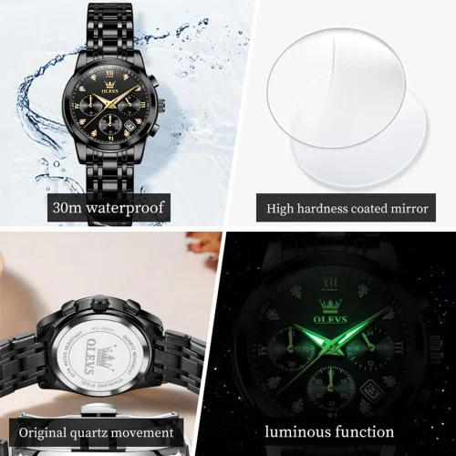 Vista 4 de OLEVS Reloj multifuncional de dos tonos para mujer, reloj analógico de cuarzo para mujer, de acero inoxidable, resistente al agua, con diamantes