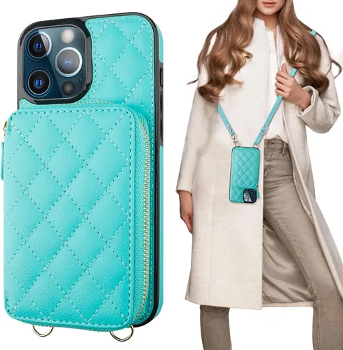 Vista 18 de Bocasal Funda tipo cartera cruzada para iPhone 13 Pro Max, bloqueo RFID de cuero PU con cremallera, bolso cartera con tapa plegable, funda tipo Beige