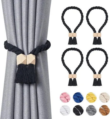 Vista 75 de NICEEC 2 Pack de Alzapaños Magnéticos de Madera en Forma de Cubo Boho para Decoración del Hogar, Alzapaños de Lino Tejidos a Mano para Cortinas Beige