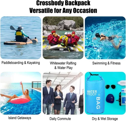 Vista 6 de Bolsa seca impermeable de 2 litros, saco ligero enrollable para kayak, natación, campamento y playa, compacto y resistente al agua, esencial