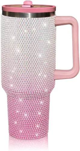Vista 9 de Vaso de 40 onzas con tachuelas de strass con mango, popote y tapa, botella de agua de acero inoxidable aislada de doble capa para mujeres, taza