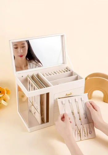 Vista 2 de GUKA Joyero organizador con espejo, caja de joyería de 5 capas con 4 cajones para collares, pulseras, reloj, anillos y aretes, almacenamiento grande