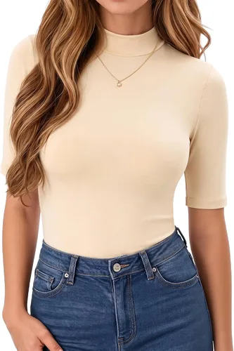 Vista 22 de MANGOPOP - Camiseta de cuello alto falso de manga 3/4 ajustada para mujer 03 Negro