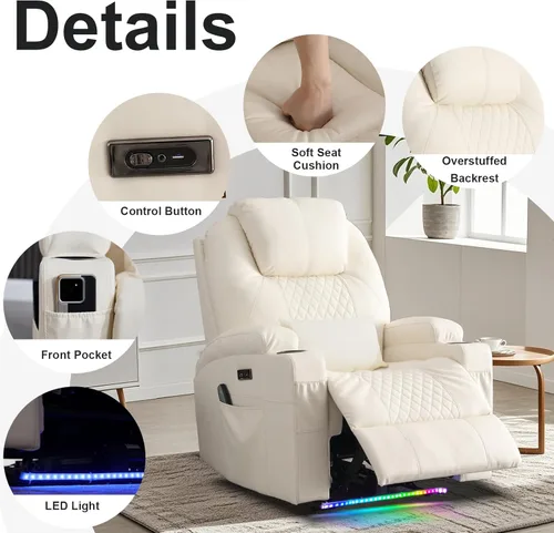 Vista 7 de AHMED Silla reclinable eléctrica con masaje por vibración y calor para adultos, asiento de cine en casa de piel sintética con portavasos, luces LED