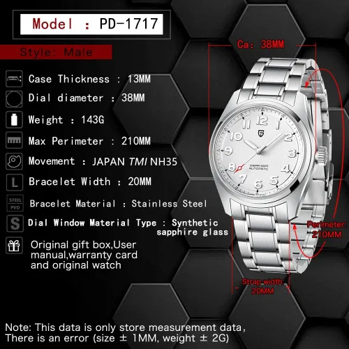 Vista 5 de Mens Watches, Pagani Design Watches for Men, 200 Meters Waterproof Watch, Stylish Stainless Steel Wristwatch, 38MM Sapphire Glass, Japanese NH35