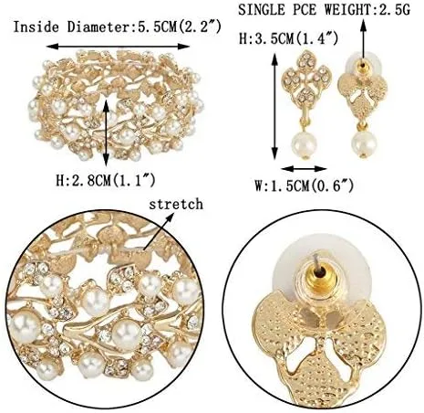 Vista 5 de EVER FAITH Austrian Crystal Bridal Cream Simulated Pearl Leaf Luxury Necklace Earrings Bracelet Set