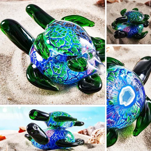 Vista 4 de EUSTUMA Figuras de tortuga marina de vidrio soplado a mano con bebés, adorno de animales marinos para decoración del hogar,Colección de animales