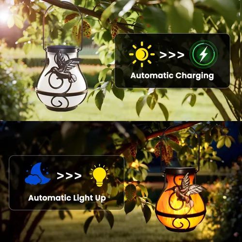 Vista 6 de Paquete de 2 linternas solares para colgar en el exterior, luces solares de jardín al aire libre impermeables con llama parpadeante, linterna LED