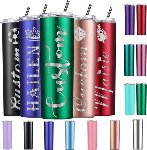 Vista 17 de Vasos delgados personalizados con tapas y popotes, vaso grabado con láser personalizado con nombre para mujer, regalo de 20 onzas, taza de acero