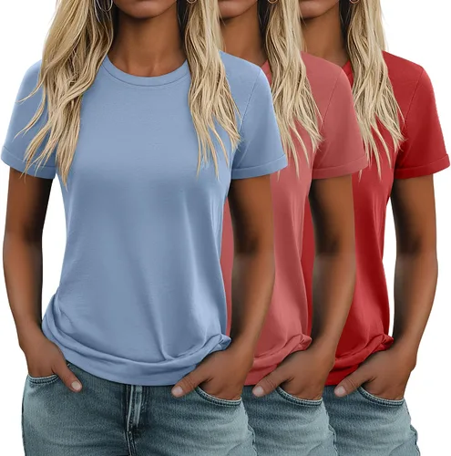 Vista 7 de Huukeay Paquete de 3 camisetas de algodón para mujer, estilo casual, de manga corta, cuello redondo, ajuste holgado, básica, lisa