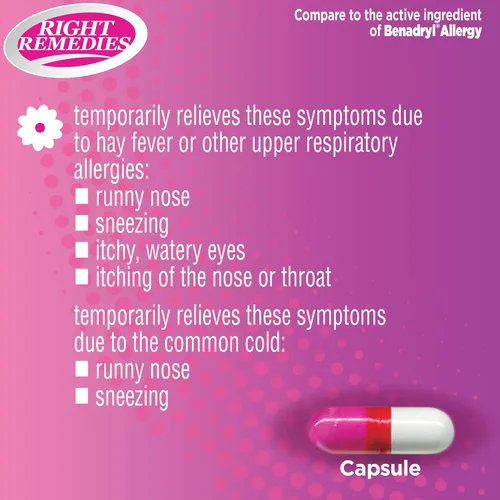 Vista 4 de RIGHT REMEDIES Cápsulas para aliviar la alergia, antihistamínico, difenhidramina HCL 25 mg, alivia las alergias estacionales en interiores