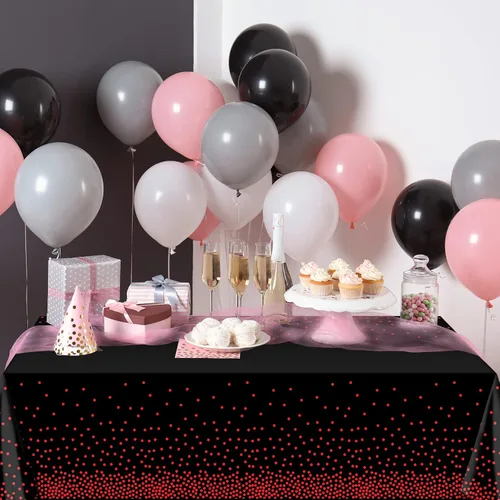 Vista 6 de Paquete de 1 mantel de plástico con puntos rojos y negros, mantel desechable de plástico rectangular de plástico con estampado de puntos rojos