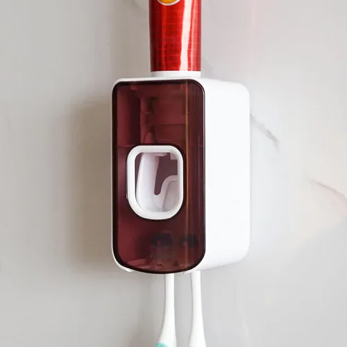 Vista 12 de Soporte de plástico para cepillos de dientes de 2 ranuras y dispensador de pasta de dientes montado en la pared, exprimidor automático de pasta