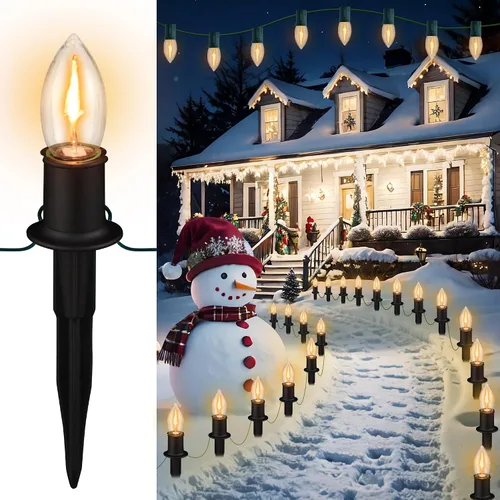 Vista 10 de C9 Luces de camino de Navidad para exteriores, 24.2 pies, 20 luces LED con estacas, luces de camino de Navidad impermeables conectables para patio