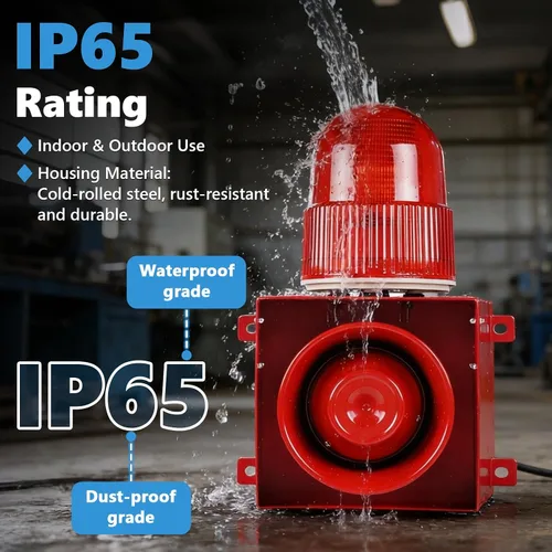 Vista 3 de Alarma de sirena industrial de 120 dB Alarma de exterior IP65 con potente luz estroboscópica para maquinaria, intrusos, negocios, almacén
