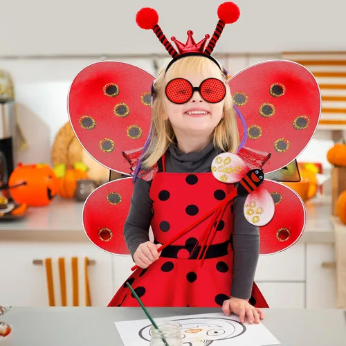 Vista 5 de Janmercy 7 piezas de disfraz de mariquita para niñas, vestido de mariquita con tutú de lunares, vestido de fiesta de Halloween, regalo para niños