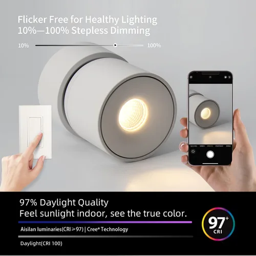 Vista 4 de Aisilan Luz LED de Techo Blanca para Interiores 9W Luminaria Montada en Superficie con Foco Giratorio de 360°, Regulable Blanco Cálido 3000K CRI 97+