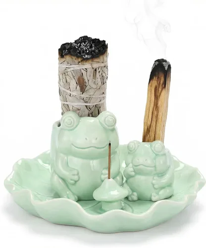 Vista 9 de ChangWanna Soporte multifuncional para incienso de rana 4 en 1, soporte de Palo Santo, soporte de salvia, soporte de incienso de cerámica