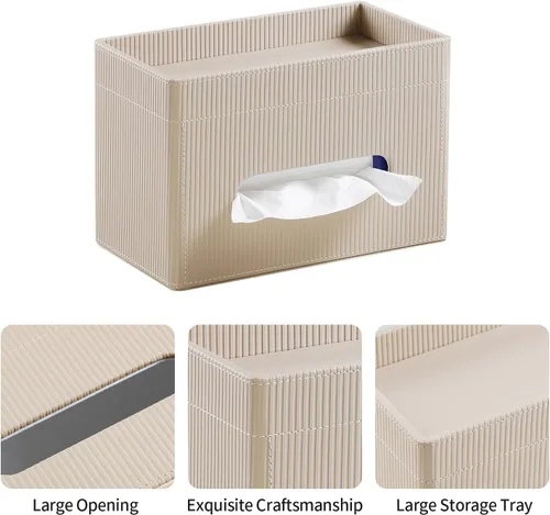 Vista 4 de Funda para Caja de Paños Rectangular con Bandeja de Almacenamiento, Soporte de Paños de PU para Tocador de Baño, Mesitas de Noche, Dormitorio