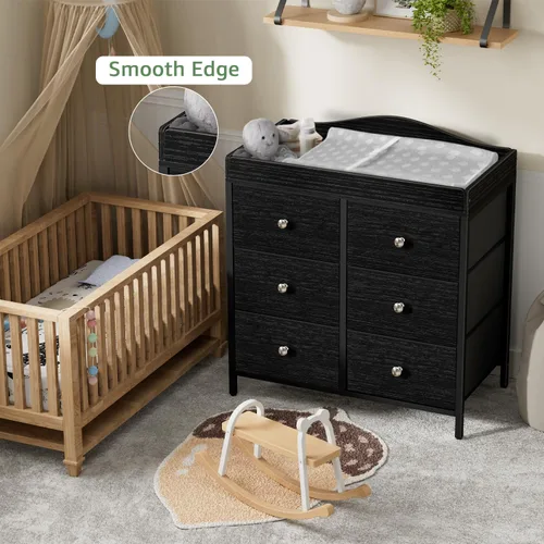 Vista 4 de BOLUO Cómoda con cambiador negro con 6 cajones de tela, tocador para bebés con cambiador superior, estación de cambio de pañales con almacenamiento