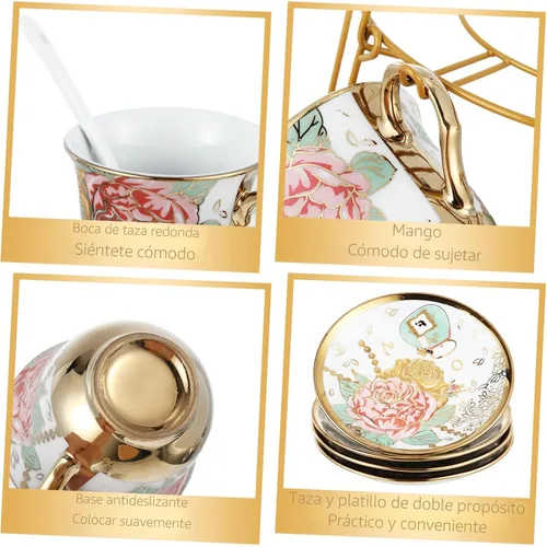 Vista 7 de Zhehao Juego de té de porcelana de 20 piezas con soporte de metal y cuchara para adultos, juego de té de cerámica para adultos, pintura de flores