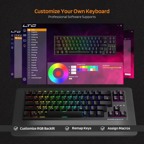 Vista 7 de LTC NB681 Nimbleback - Teclado mecánico con cable al 65%, retroiluminado RGB ultracompacto de 68 teclas para juegos con interruptor intercambiable
