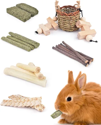 Vista 6 de Bissap Juguetes Masticables para Conejos, Cestas Colgantes de Hierba Marina Natural Masticables de Plantas Acuáticas Tejidas Golosinas Masticables