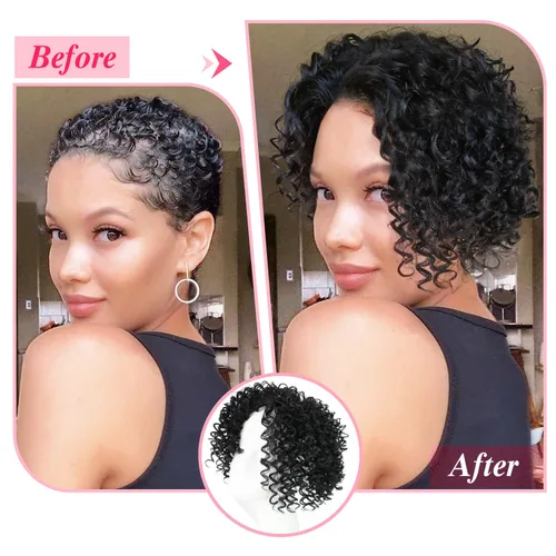 Vista 5 de Peluca de cabello corto afro natural rizado con flequillo, pelucas sintéticas con clip negro, para hombres y mujeres, con cabello delgado, volumen