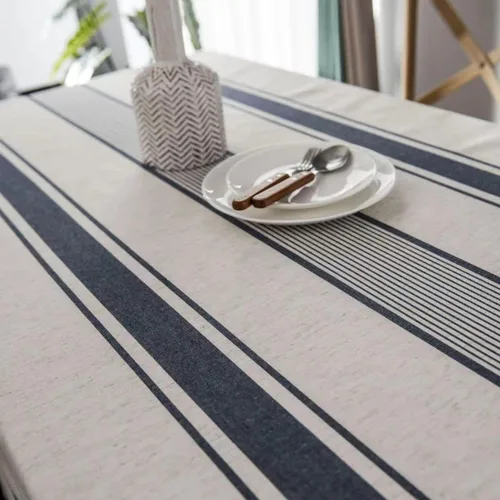 Vista 2 de ArtBud Mantel blanco y azul de lino de algodón, suave, lavable, para fiestas, café, cocina, decoración de rayas