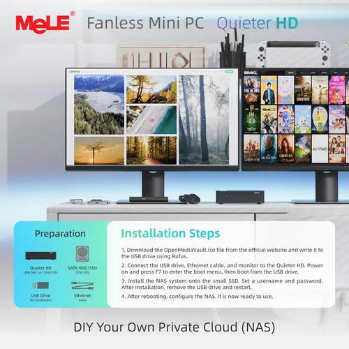 Vista 9 de MeLE QuieterHD3 N150 Mini PC sin ventilador 8 GB RAM DDR4 256 GB de grado