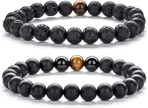 Vista 11 de Pulsera elástica Hamoery con cuentas naturales de ojo de tigre de 8 mm, para mujer y hombre Juego de 2 piezas 1-21018