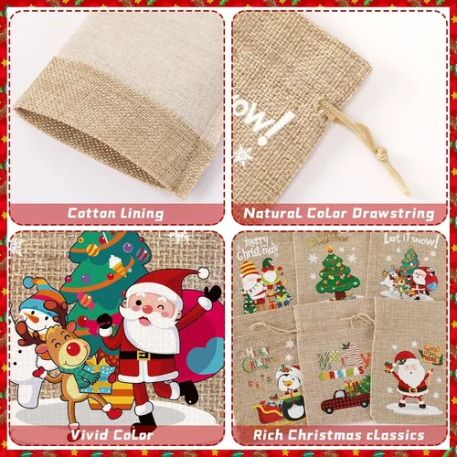 Vista 3 de JUNEBRUSHS Bolsas de arpillera de Navidad con cordón, paquete de 20 bolsas de regalo de Navidad, bolsas de golosinas, lindas bolsas de regalo