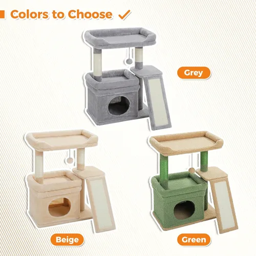 Vista 6 de PEQULTI Árbol para gatos pequeños a medianos: bonita torre para gatos beige con amplia percha acolchada, condominio privado y poste rascador