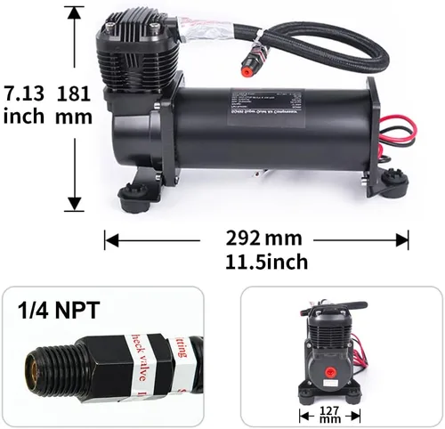Vista 3 de Compresor de aire ultra silencioso, 1/4 NPT, súper silencioso, 69 dB, 12 V, compresor de suspensión de aire de 300 PSI para tren/camión/coche, negro