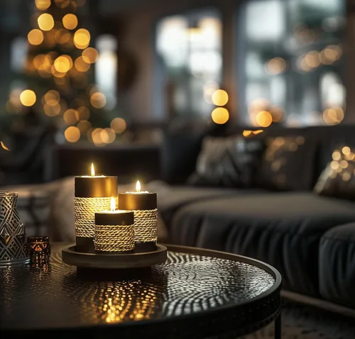Vista 2 de IYARA CRAFT Portavelas Tealight con bandeja, juego de 3 portavelas de madera rústica negra con acento de cuerda natural, acogedor centro de mesa