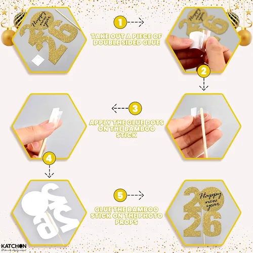 Vista 5 de KatchOn, Glitter New Years Photo Booth Props 2026 - Pack of 30 Gold and Black New Years Eve Photo Booth Props for Happy New Year Decorations 2026