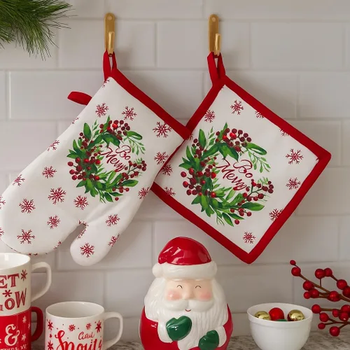 Vista 4 de Paños de Cocina y Agarraderas Navideños - Juego Alegre de Navidad de 4 Piezas 100% Algodón Verde Rojo Blanco - Dos (2) Paños de Cocina, Un (1)