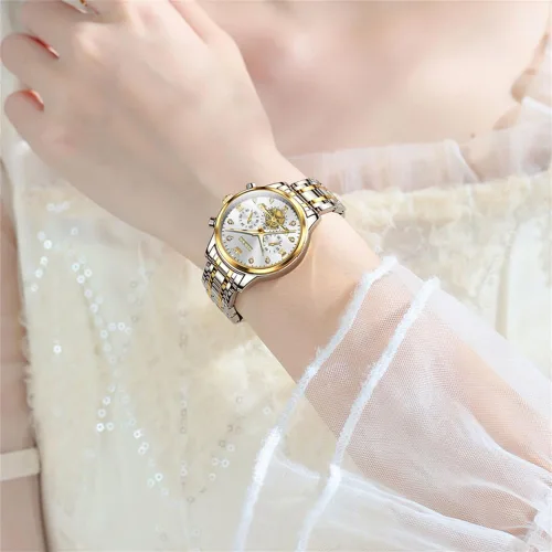 Vista 3 de OLEVS Reloj multifuncional de dos tonos para mujer, reloj analógico de cuarzo para mujer, de acero inoxidable, resistente al agua, con diamantes