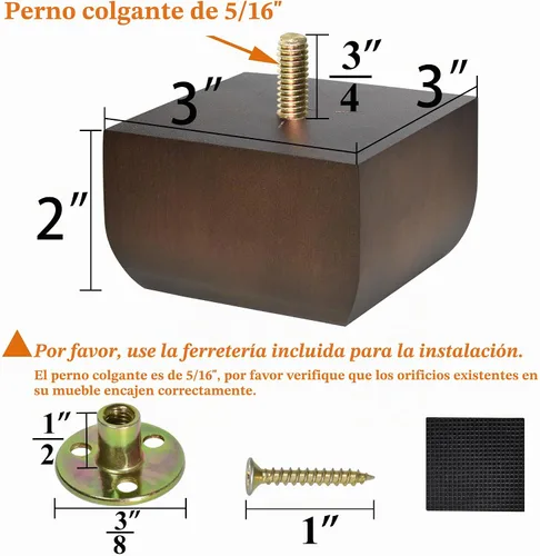 Vista 2 de Juego de 4 patas cuadradas para sofá, patas de repuesto de madera de 2 pulgadas para muebles, color marrón oscuro